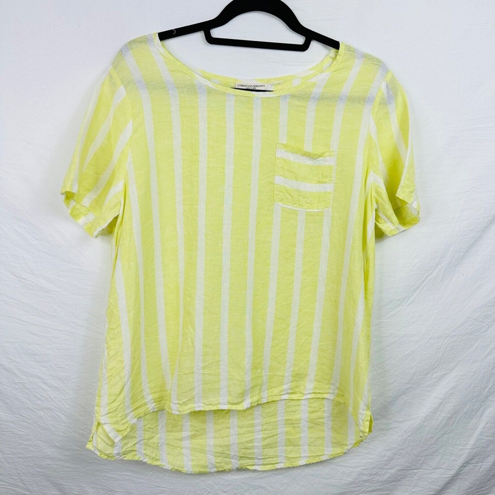 Christian Siriano Linen Top Shirt Blouse Pocket‎ Yellow/White Striped Womens S